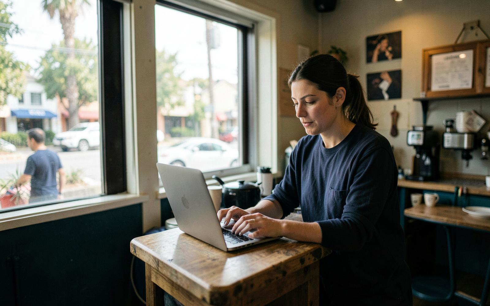 A small business owner working on a laptop in her Los Angeles coffee shop